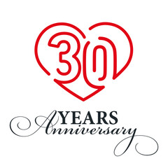30 years anniversary celebration number thirty bounded by a loving heart red modern love line design logo icon white background