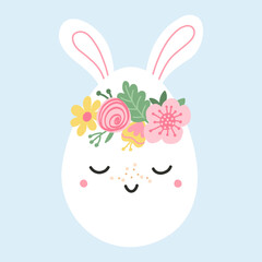 Cute easter egg with rabbit ears in warm pastel colors. Illustration spring character with bouquet flowers. Vector