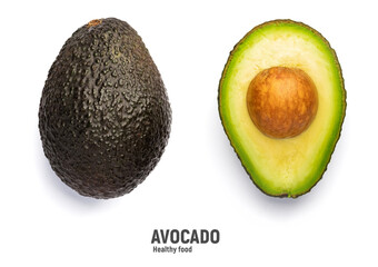 Whole and cut black Avocado Hass isolated on white background.