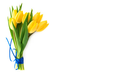 Bouquet spring flowers. Yellow tulips isolated white background