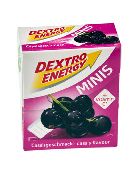 Dextro Energy, nutritional supplement tablets containing dextrose, maltodextrin, and vitamin C, with blackcurrant flavour