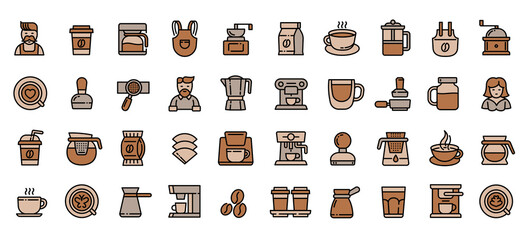 Barista icons set outline vector. Coffee manufacture. Business shop