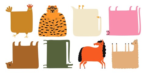 Fototapeta premium Vector set with animals. Tiger, chicken, goose, pink cat, bear, crocodile, horse and llama. Funny collection, poster templates
