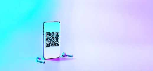 Qr code mobile. Digital smart phone with qr code scanner on smartphone screen for online pay, scan barcode technology on neon background. Qrcode payment, online shopping, cashless technology concept.