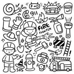 Set of Hand Drawn Fire Fighter Doodle