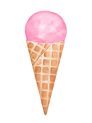 Pink colored ice cream in cute waffle cone. Symbol of joy, friends, summer, happiness, pleasure, good times. Hand painted watercolour sketchy drawing, cutout clipart element for design, sticker, menu.