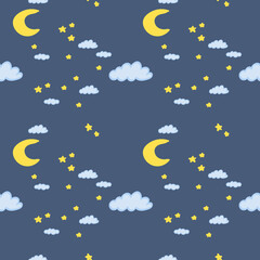 seamless pattern with clouds, stars and moon