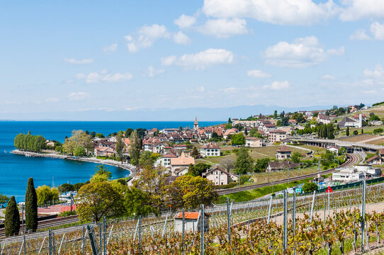 Cully, Lavaux, Genfersee, Weinberge, Dorf, See, Seeufer, Wanderweg, Weinberg-Terrassen, Weinbauer, Fr&uuml;hling, Waadt, Schweiz