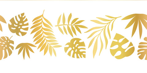 Golden tropical palm leaves seamless vector border. Elegant exotic nature repeating pattern with gold foil jungle florals. Monstera, Philodendron, and Areca palm leaf. For cards, footer, summer decor.