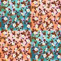 Blossoming branches of a cherry on the colored abstract background in the form of alternating squares , seamless texture, vector.