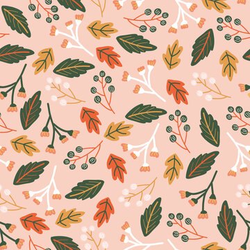 Autumn leaves berries seamless floral vector pattern. Repeating cute botanical background brown green white berry nature shapes on pink. For card, wrapping paper, gift bag, wallpaper, fabric, textile