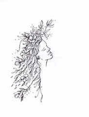 Monochrome drawing of girl face with flowers in hair. Concept for astrology poster, meditation, nature protection, esoteric logo, print, tattoo, fabric p. Original artwork. Surrealist people painting.