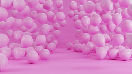 Pink balloon floating on pink background, illustration 3D rendering