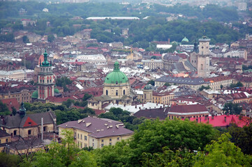 View of Lviv in Ukraine from the Union of Lublin Mound. This viewpoint provides a good vantage point overlooking the city of Lviv. Lviv is also known as Lvov.