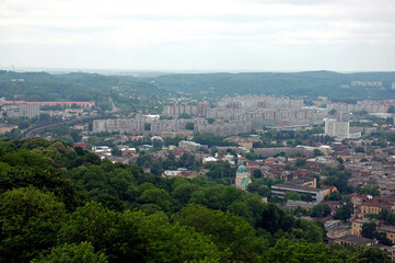 View of Lviv in Ukraine from the Union of Lublin Mound. This viewpoint provides a good vantage point overlooking the city of Lviv. Lviv is also known as Lvov. - obrazy, fototapety, plakaty