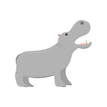 cartoon hippo with open mouth from profile, flat color vector ilustration isolated on white background for children