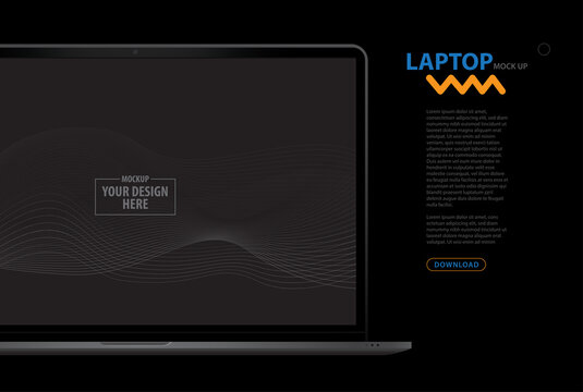 Laptop Computer Mockup and Web Page Template. Realistic notebook PC vector illustration with black background.