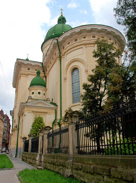 The Church of Transfiguration in Lviv, Ukraine. View of the north side of the church from Lesi Ukrainy Street. Lviv is also known as Lvov.