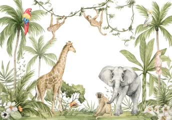  Watercolor composition with African animals and natural elements. Elephant, giraffe, monkeys, parrots, palm trees, flowers. Safari wild creatures. Jungle, tropical illustration for nursery wallpaper © Kate K.