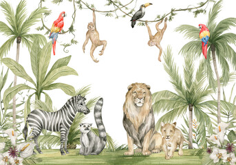 Aquarellkomposition mit afrikanischen Tieren und natürlichen Elementen. Löwe, Zebra, Affen, Papageien, Palmen, Blumen. Safari wilde Kreaturen. Dschungel, tropische Illustration für Kinderzimmertapeten