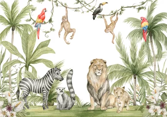 Foto auf Acrylglas Kinderzimmer Aquarellkomposition mit afrikanischen Tieren und natürlichen Elementen. Löwe, Zebra, Affen, Papageien, Palmen, Blumen. Safari wilde Kreaturen. Dschungel, tropische Illustration für Kinderzimmertapeten