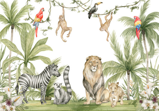 Watercolor composition with African animals and natural elements. Lion, zebra, monkeys, parrots, palm trees, flowers. Safari wild creatures. Jungle, tropical illustration for nursery wallpaper © Kate K.