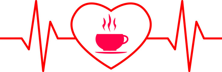 red heartbeat with coffee shape on white background. heartbeat with heart sign. heartbeat symbol. flat style.