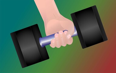 Dumbbell in hand icon. Vector illustration on a colored background.
