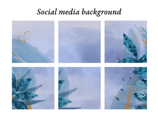 Plantillas de diseño para publicaciones en redes sociales con motivos de naturaleza. Hojas de acuarela en tonos azules y toques dorados, con espacio para texto e imágenes - obrazy, fototapety, plakaty