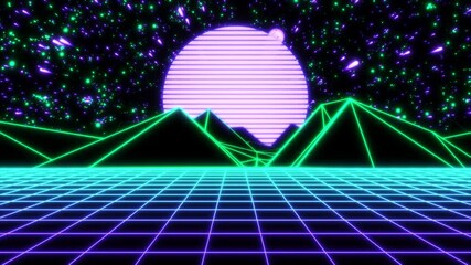 Concept 20-N1 Infinite abstract neon retrowave looping animated background with moving grid floor, moving terrain and stars movement.