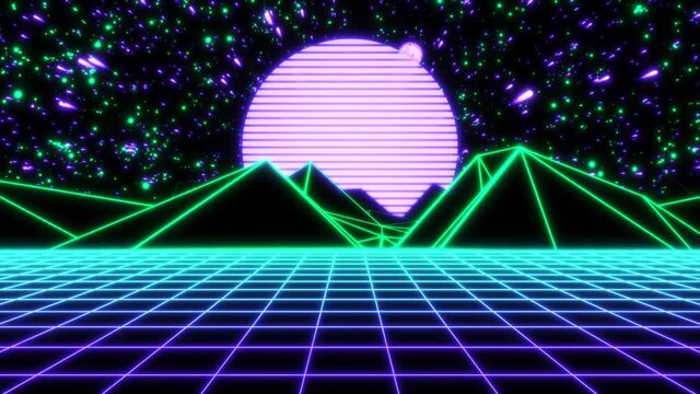 Concept 20-N1 Infinite abstract neon retrowave looping animated background with moving grid floor, moving terrain and stars movement.