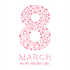 8 March, International Women's Day vector greeting card. Big eight made of hand drawn uneven dots, blobs, round paint drops. Typographic dotted composition with congratulations, graphic design element