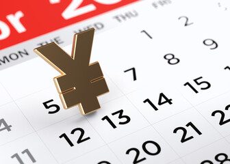 Gold-colored Japanese yen symbol on the white-colored calendar page. Horizontal composition with copy space. Focused image.