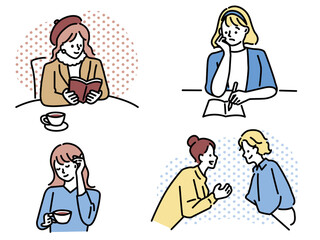 Naklejka premium 本を読む、勉強をするイラスト(学ぶ、読書、宿題、カフェ、お喋り) Illustrations of reading and studying.Learning, reading, homework, cafes, chatting.