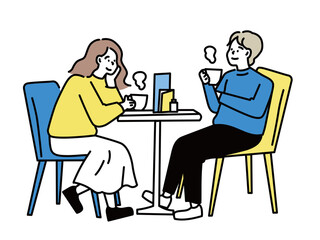カフェでお喋りするイラスト(休日、まったり、リラックス、談笑、デート) Illustration of chatting at a cafe.Holidays, relaxation, relaxation, chatting and dating.