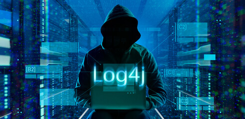 cybersecurity vulnerability Log4J and hacker,coding,malware concept.Hooded computer hacker in cybersecurity vulnerability Log4J on server room background.