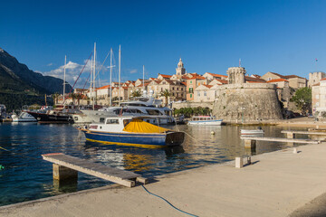 Fototapeta premium Marina and Great Governor's Tower in Korcula town, Croatia