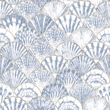 Watercolor sea shell seamless pattern. Hand drawn seashells texture vintage ocean background