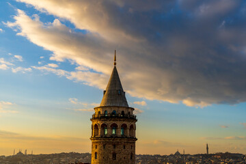 Istanbul Galata Tower view from top. Natural clouds and blue sky