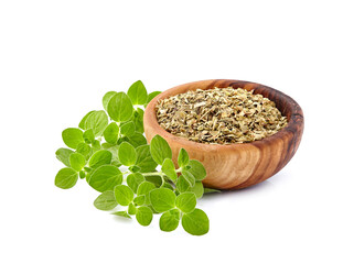 Oregano or marjoram leaves isolated in wooden bowl on white background. Oregano fresh and dry.