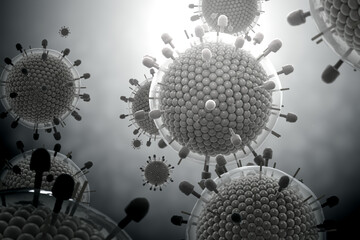 Paramyxovirus mumps , COVID pandemic, Close-up of virus under microscope. Realistic high quality medical 3d render.