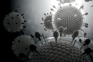 Paramyxovirus mumps , COVID pandemic, Close-up of virus under microscope. Realistic high quality medical 3d render.