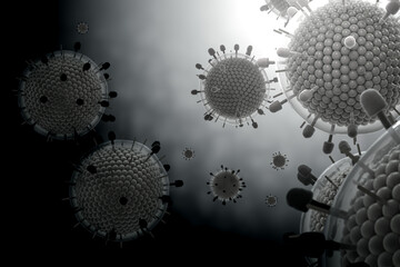 Paramyxovirus mumps , COVID pandemic, Close-up of virus under microscope. Realistic high quality medical 3d render.