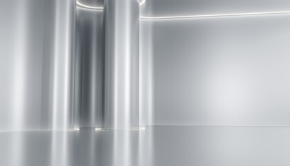 Elegant white futuristic curve empty interior with light and reflection. Future technology background concept. 3d rendering