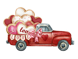 Valentine red truck with a heart shape sweet cookies. Watercolor Valentine's Day car, love wedding car graphics. Loads of love postcard