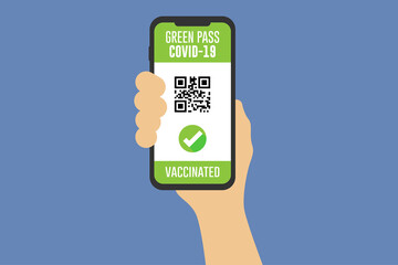 Covid-19 vaccine passport on the smartphone screen. Vaccine certified and huge by covid in the phone app. Digital health passport with qr code.