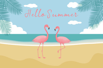 Hello summer background. Pink flamingos, panorama of sea and beach, palm trees. Summer vacations poster.