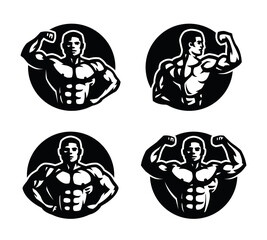 Bodybuilding black and white logos set. Vector illustration.