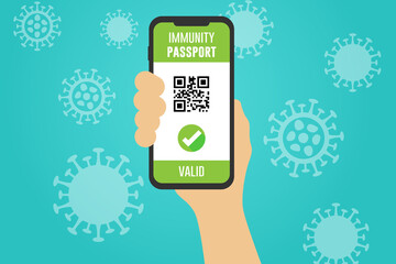 Covid-19 vaccine passport on the smartphone screen. Vaccine certified and huge by covid in the phone app. Digital health passport with qr code.
