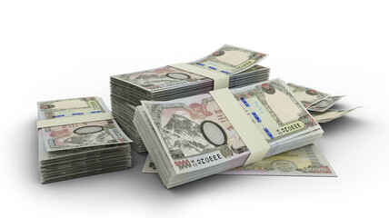 3D Stack of 1000 Nepalese rupee notes isolated on white background